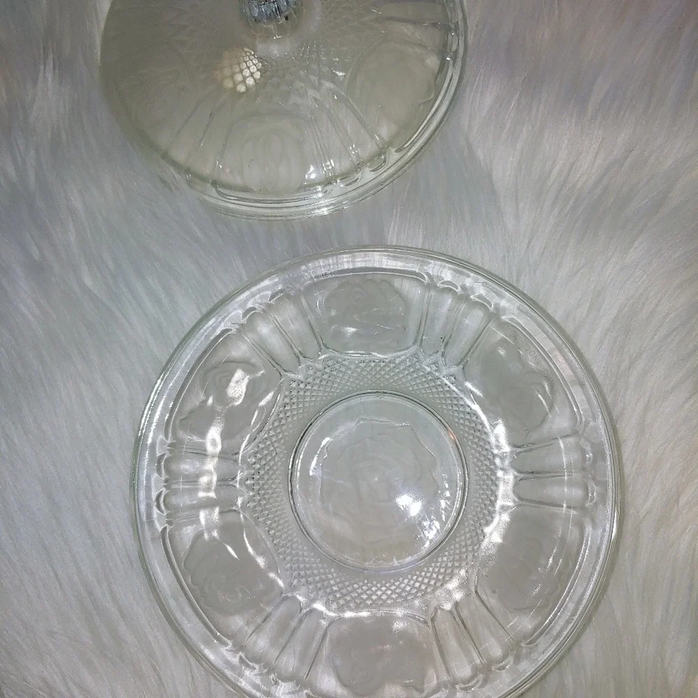 Vintage Clear with Frosted Floral Roses Candy Dish